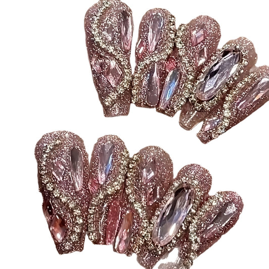 10pcs Luxurious Handmade Press-On Nails with Sparkling Rhinestone Design, 3D Geometric Shape, Pink to Purple Gradient, Glossy Finish – Perfect for Women and Girls, Elegant Gift Idea, Party Accessories | Glossy Finish Nails