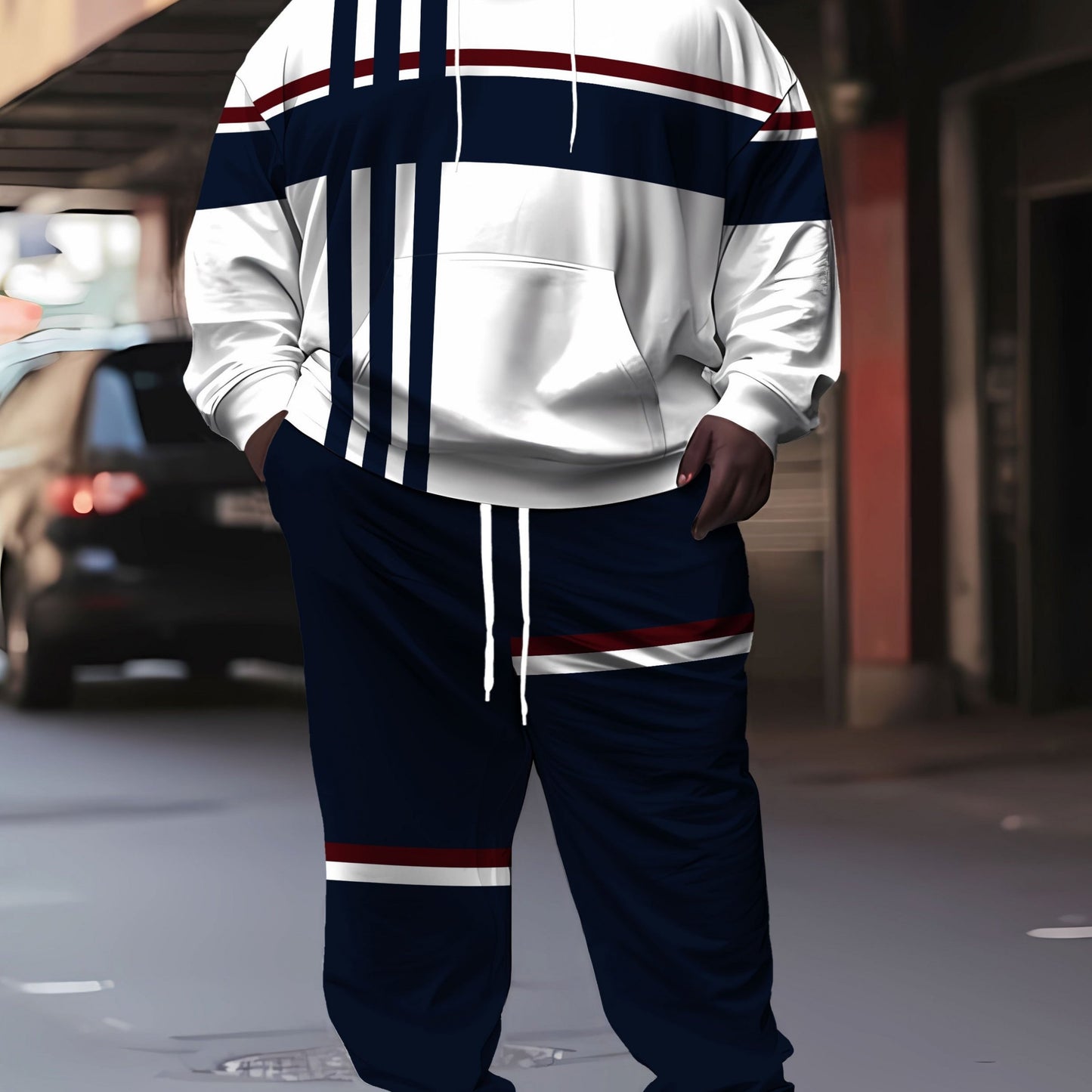 Plus Size Men'S Casual Hoodie and Sweatpants Set | Comfortable Fabric, Breathable, Crew Neck, Regular Fit, Suitable for Spring, Autumn, and Winter, Machine Washable