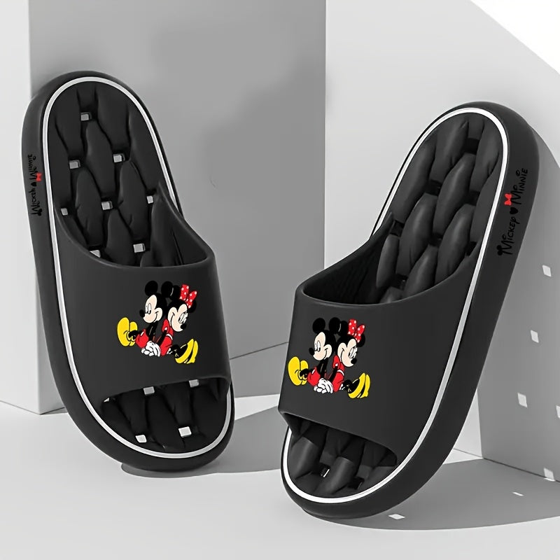 1 Pair Disney Mickey & Minnie Sitting Back-to-Back Cartoon Slip-On Slippers - Soft EVA Breathable Open-Toe Unisex Indoor/Outdoor House Shoes with Anti-Slip Sole, Cute Character Design for Women & Men (Beige/Black), All-Season