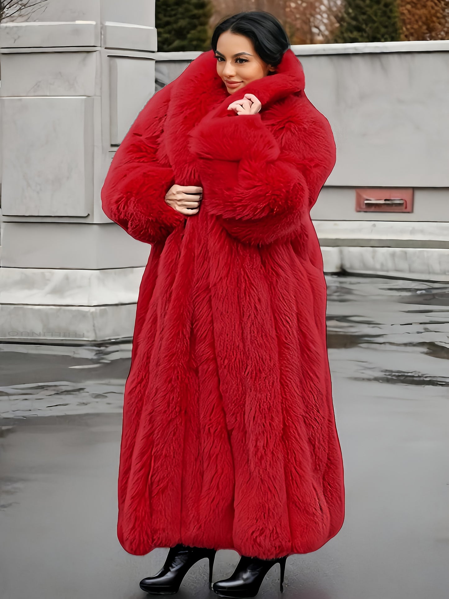 Plus Size - Plus Size Long Faux Rabbit Coat for Women | Stylish and Casual with Elegant Vibe, Non-Stretch Fabric, Lapel Collar, Solid Color, Regular Sleeve, Long Length, Fall/Winter Season