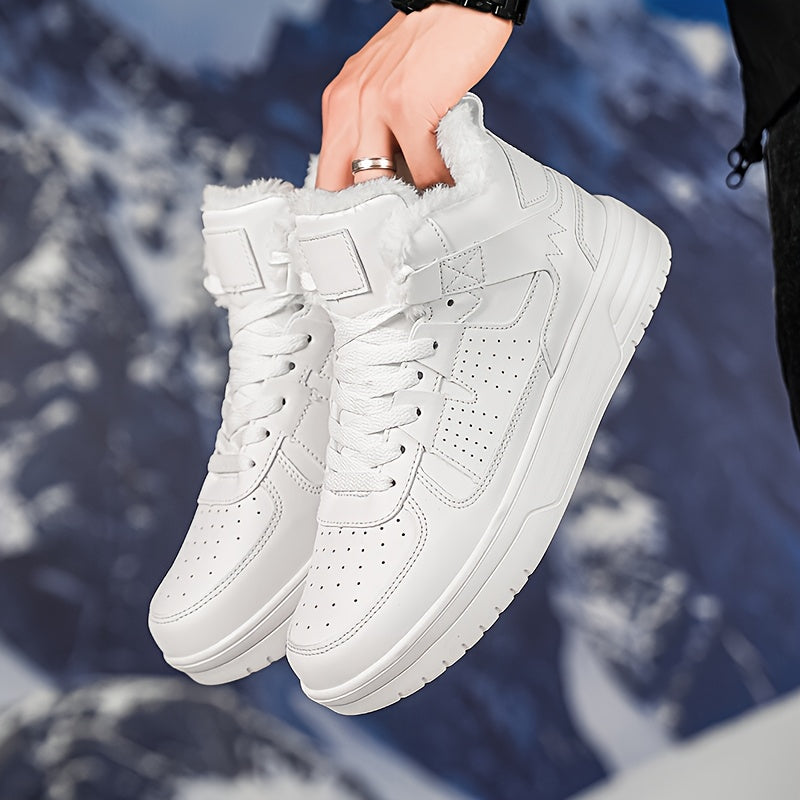 WANWEISI Men's Winter High-Top Thick-Sole Sneakers with Plush Fleece Lining - Heavy-Duty & MD Sole, Lace-Up Winter Boots for Hiking, Outdoor, Casual & Casual Attire - Warm Thermal Insulation, Cushioned Comfort, White/Black/Re
