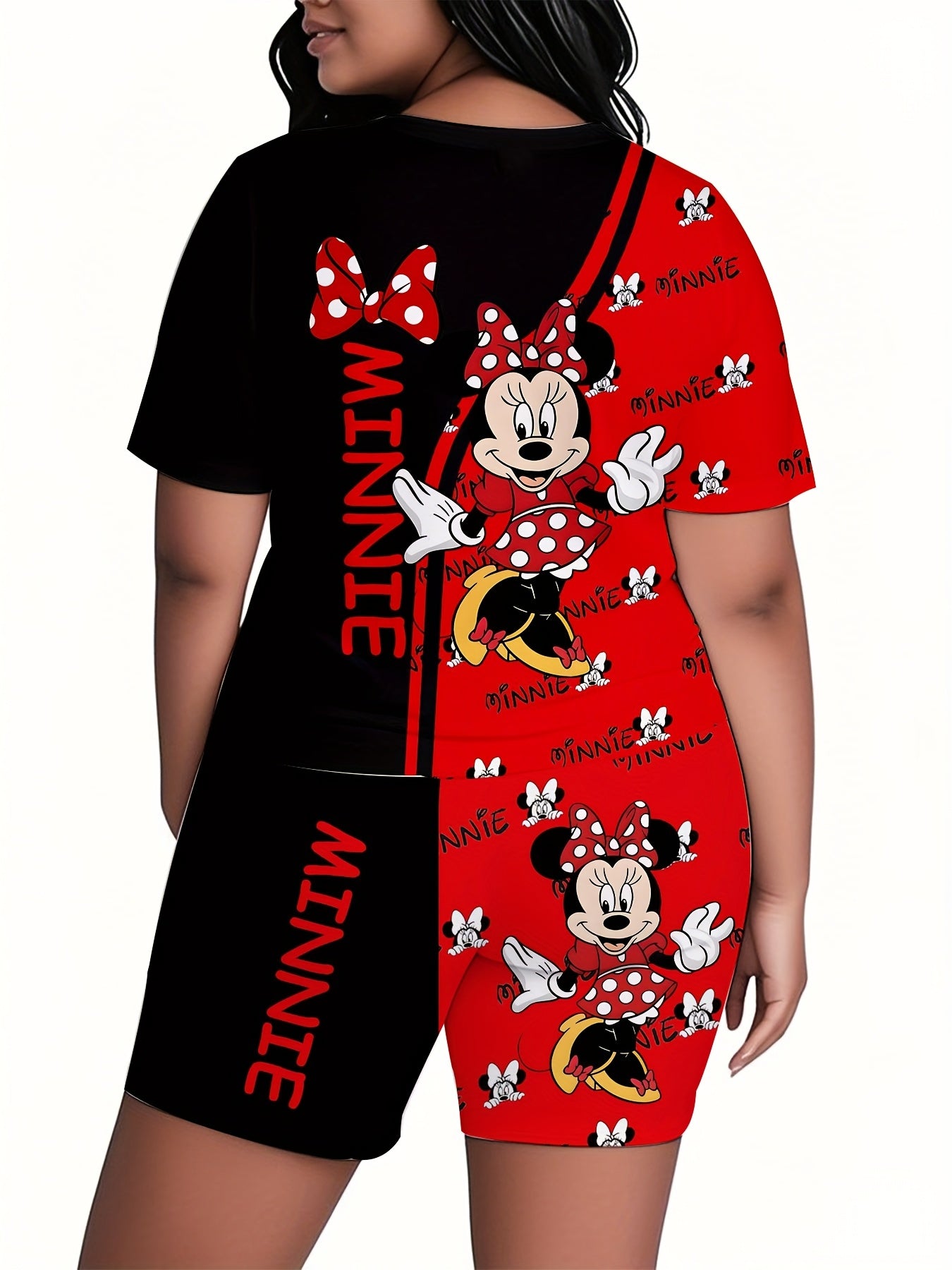 Plus Size Diseny Minnie And Mickey Mouse Two Piece Women's Sports Set, Short Sleeve Crew Neck Top And Sports Shorts Set, Women's Plus Size Suit, Loose Comfortable Sports Set