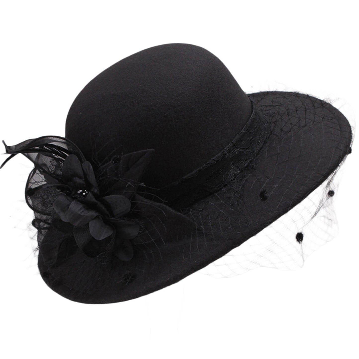 Women's Wide Brim Fedora Hat with Black Lace Veil & Floral Decor - Non- Derby Cap for Church, Bridal Tea Party, Formal Events