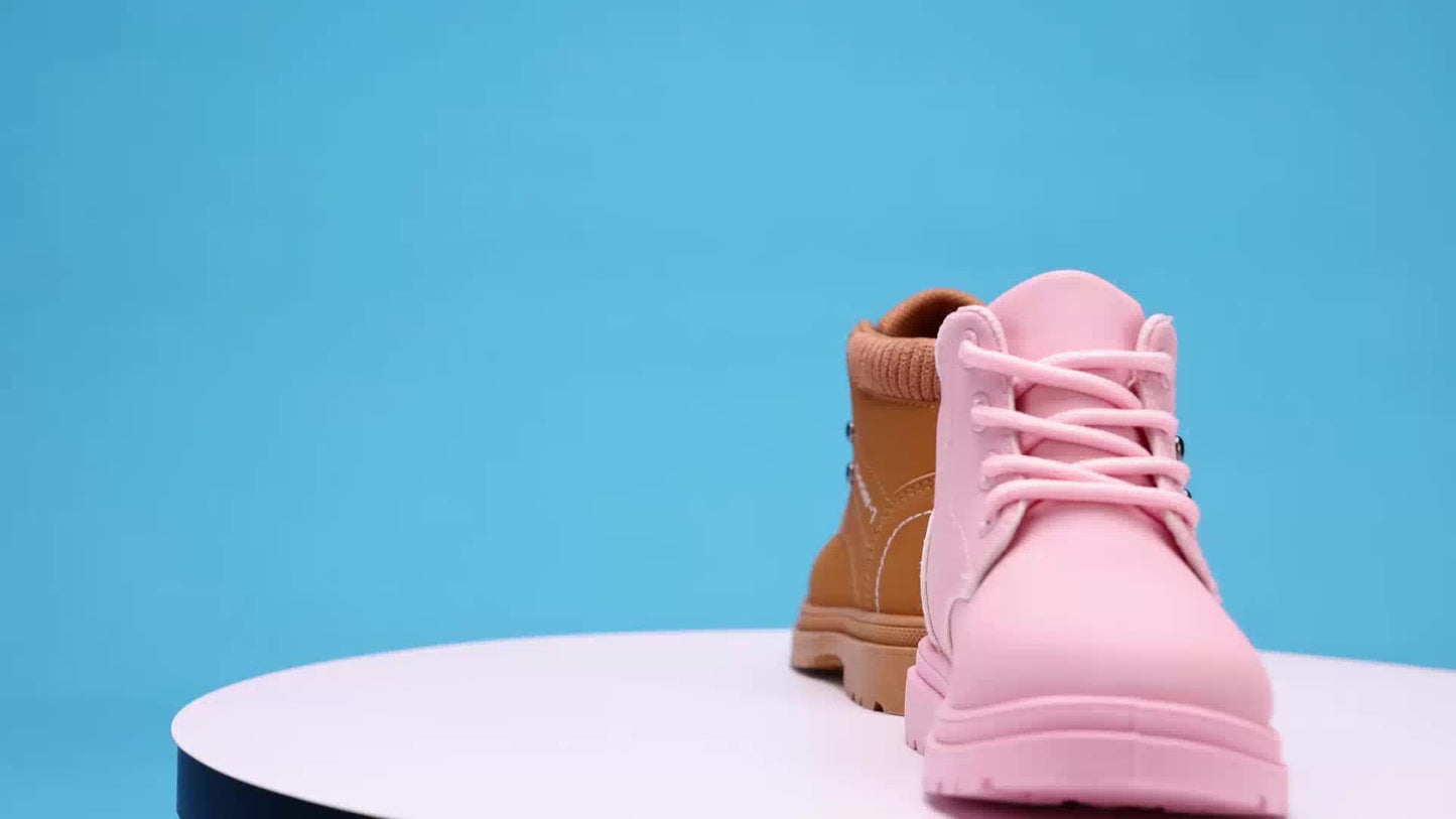 Girls & Boys All-Season Thickened PU Boots with Closure - Pink/White Short/Mid-Calf Outdoor, Round Toe Traction Tread for &, Durable Casual & Footwear (Easy On/Off)