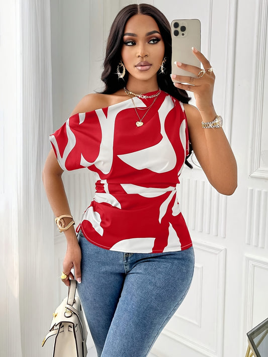Geometric Printed Asymmetrical Shoulder Drawstring Ruched Side Blouse, Random Print For New Year Clothes One Shoulder Top