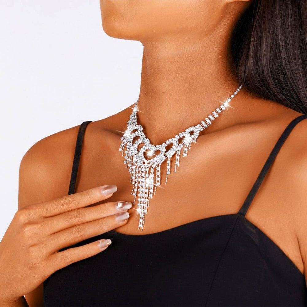 Bride Wedding Necklace Earrings Set Sliver Rhinestone Necklace Love Crystal Necklace Set Bride Bridesmaid Prom Necklace Accessories for Women