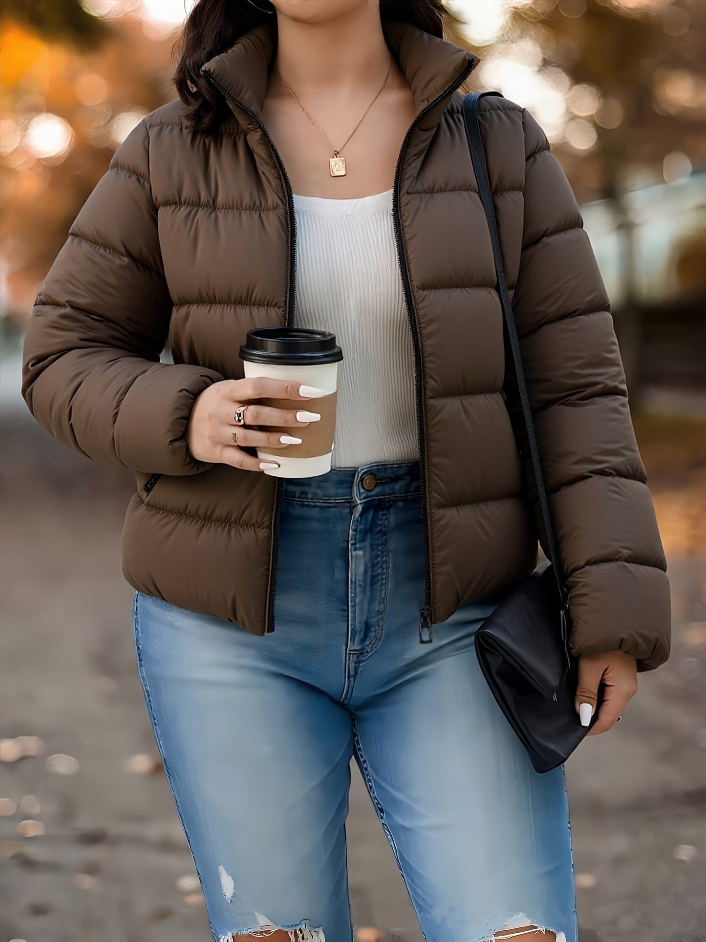 Women's Elegant Winter Warm Full-Zip Jacket with Full-Zip Front Closure, A-Line Silhouette & Stand Collar - Beige/White Coat with Full-Length Zipper, Machine Washable Outerwear for Casual & Formal Events - Cozy Winter Outer J