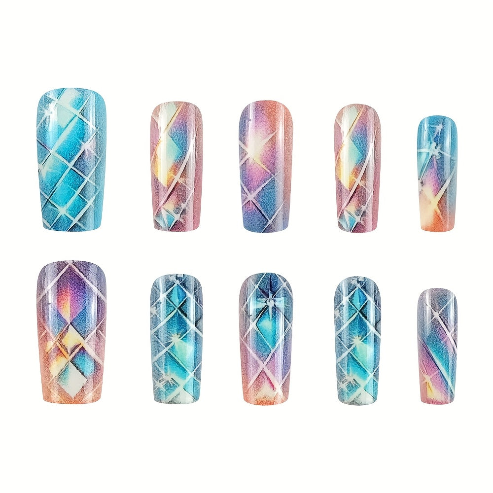 24pcs Glossy Long Coffin Press-On Nails - Pink to Blue Gradient with Stars & Pattern, French Style Reusable Fake Nails for Women and Girls