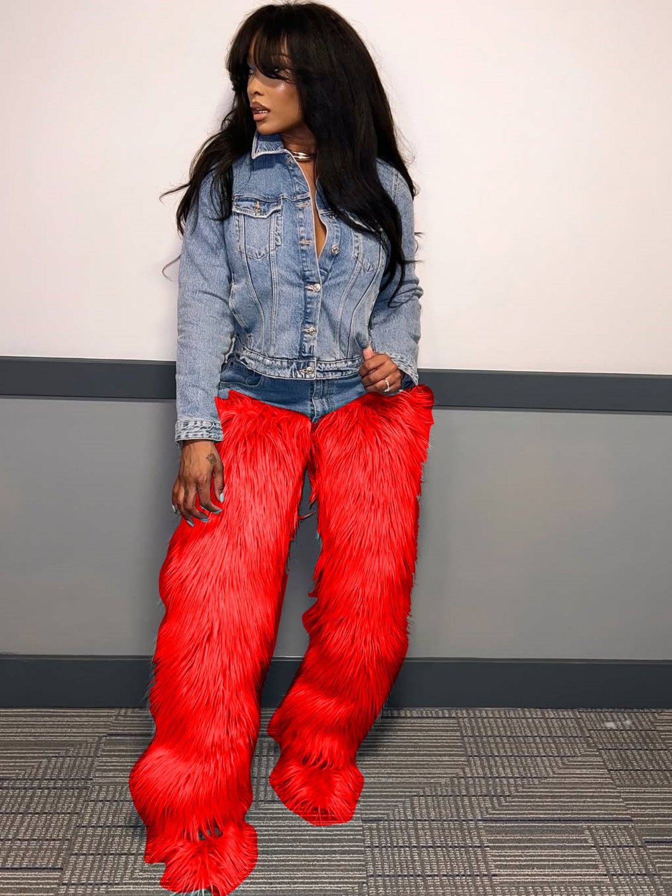 Women'S High-Waisted Wide-Leg Jeans with Faux Fur Trim & Washed Denim - Elastic Waist Casual Pants, Light Distressed Hem, Non-Stretch Durable Fabric for Spring/Fall Outfits, Everyday to Semi-Formal Wear (No Belt Loops) - Vers