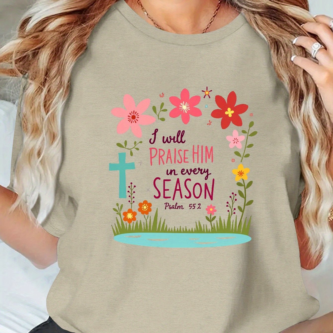 Women's Large Christian Faith Apparel T-Shirt - Praise Him Every Season Psalm Quote (Psalm 148:6) Religious Tee - Dark Background with Red Floral Cross Design - Breathable Casual Church Outfit - Machine Washable All-Season Sp