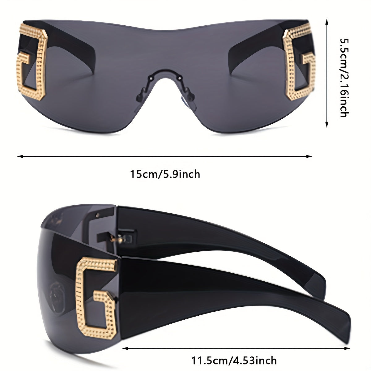 Unisex Oversized Frameless Fashion Glasses - Polycarbonate Lenses, Metal Hinges, Black & Golden Fashion-Forward Design - Lightweight Durable for Driving & Casual Attire with Protective Case, Versatile Eyewear, Chic Eyewear St