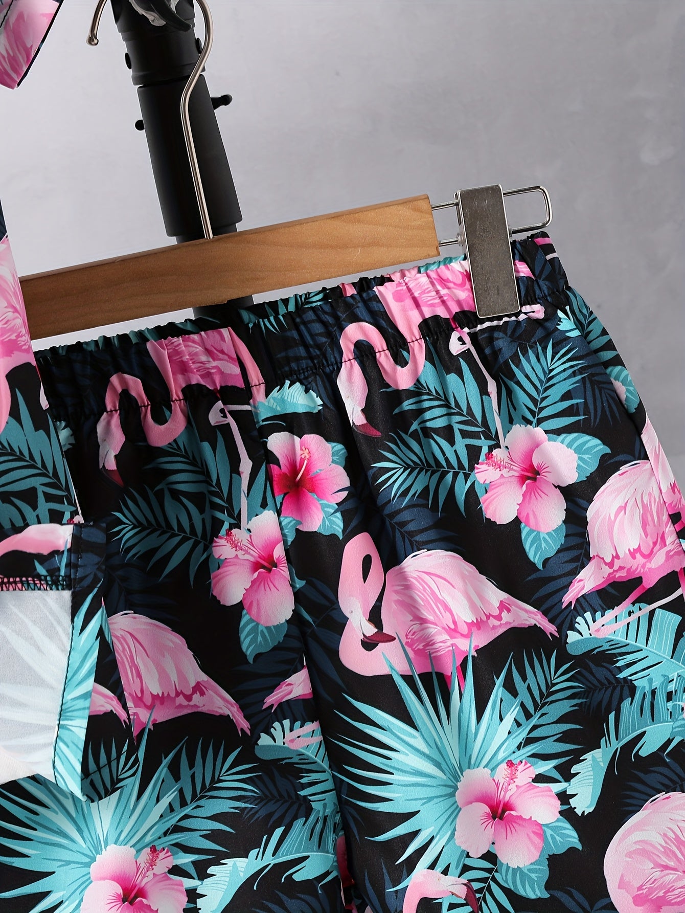 2pcs (Set) Boys Flamingo Print Short-Sleeved Lapel Shirt And Shorts Set, Comfortable Summer Boys Daily And Outdoor Wear, for Outdoor, Perfect for Outdoor