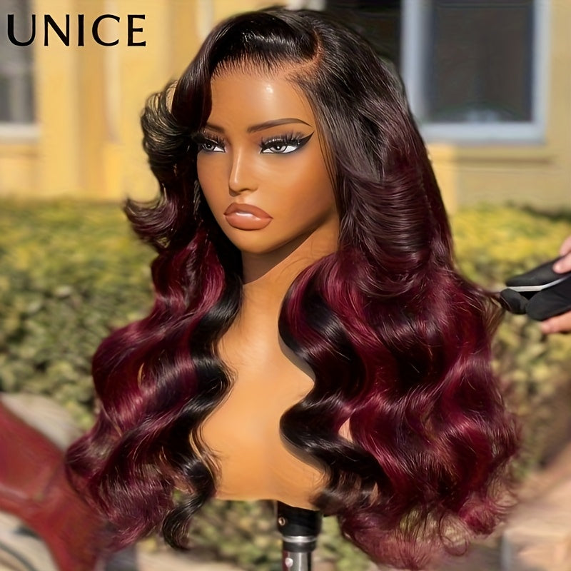 UNICE 7x5 Glueless Lace Front Wig Human Hair - Burgundy Highlights & Dark Brown, Pre Plucked & Bleached Invisible Knots, 180% Density Loose Wave Hairline, No Glue/No Skills Needed, Virgin Hair Donor Wigs for Men & (Beginner