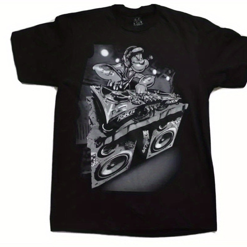 Popeye Mens DJ Popeye Spinning A Record Funny Black Shirt New M, Short Sleeve Cotton T-Shirt, Crew Neck, Soft, Breathable, Regular Fit.