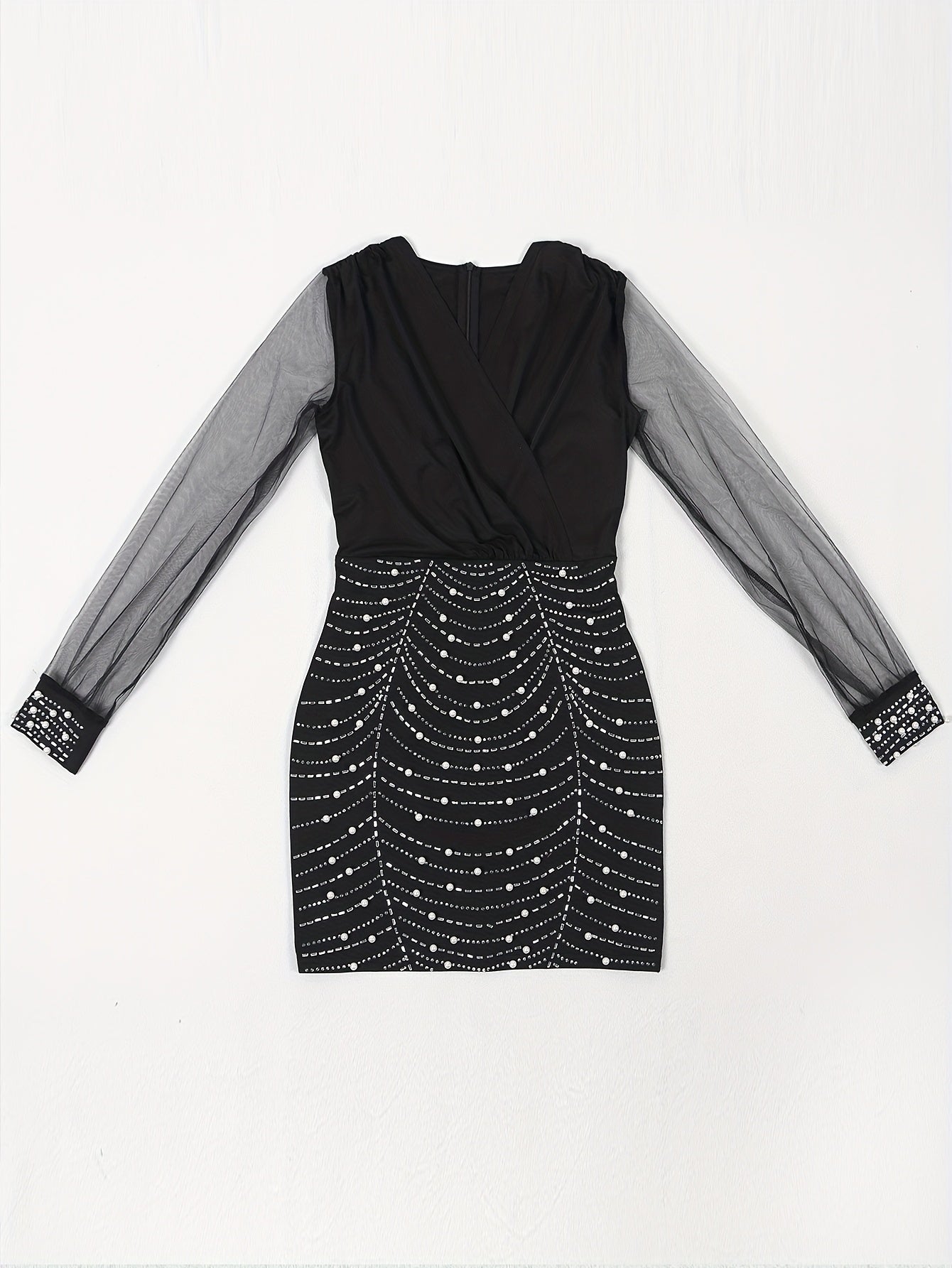 Elegant V-Neck Bodycon Mini Dress with Rhinestone Detailing and Sheer Mesh Overlay for Women - Long Sleeve, Beaded Party Gown, Perfect for All Seasons, Beadwork Dress