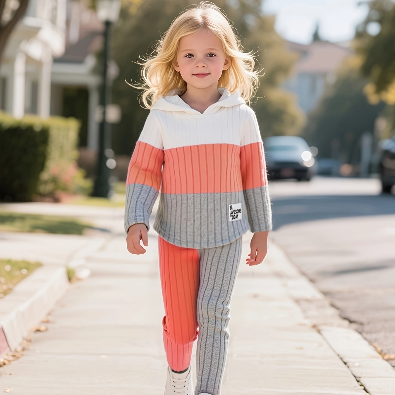 [Girls' Hoodie Set] 2pcs Girls' Pullover Hoodie Set | Long Sleeve, Color Block Patchwork, Lined Warm Knit Fabric | Autumn/Winter, Ages 1-8, Casual & Sports