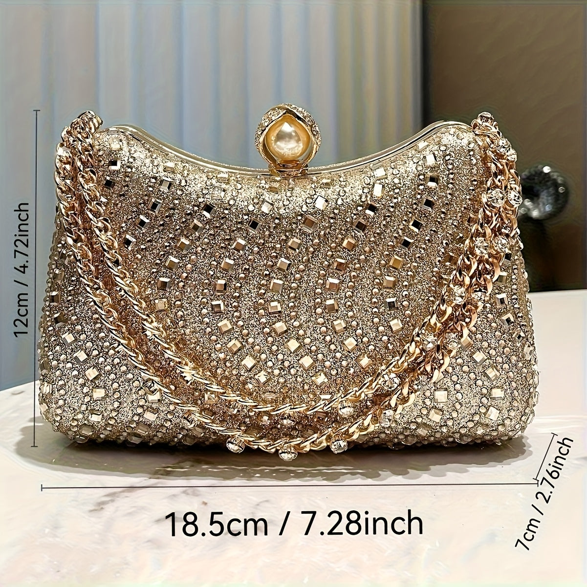 5pcs Women's Elegant Rhinestone-Embellished  Evening Handbag & Crossbody - Convertible Shoulder/Dance Party Wedding Accessory with Necklace, Earrings, Bracelet & Ring Gift Set (Golden) Suitable for Prom, Gala, Dinner Parties