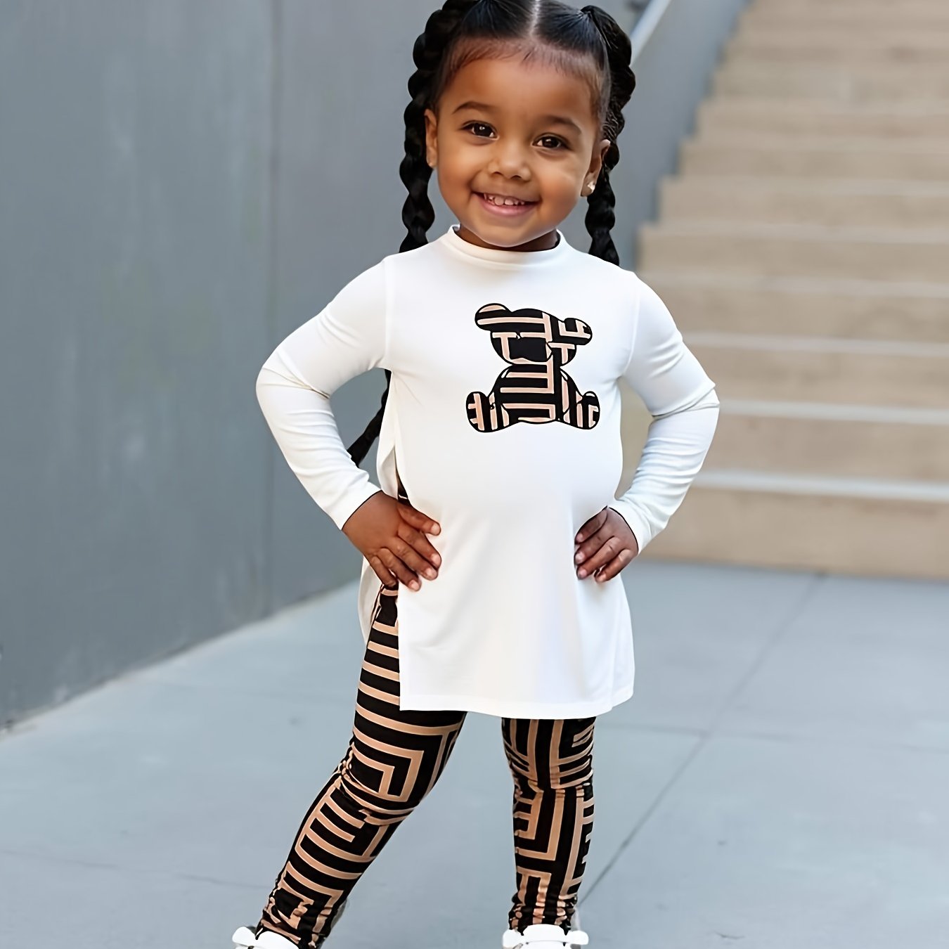 2pcs Winter Outfit Set - Oversized White Smock Dress-like Long Sleeve T-Shirt & Wide-Leg Pants with Matching White & Black Stripes, Soft Stretchy Polyester, Warm Fall/Winter Outfit (0-12 Months), Perfect for Outdoor