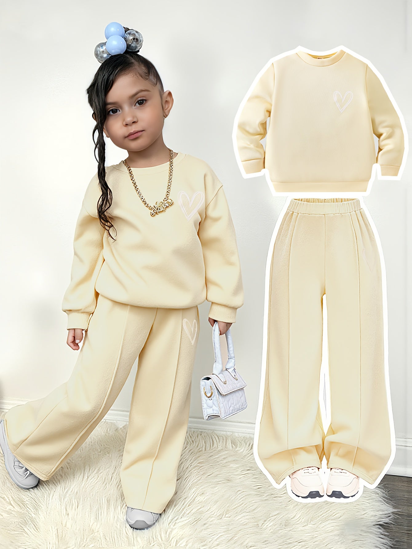 Girl'S Autumn and Winter Love Print Fleece Hoodie + Print Pants Two-Piece Set | Suitable for Outdoor Wear, Comfortable Fabric with Fleece Insulation, Casual Style, Regular Fit, Ideal Gift for Children.