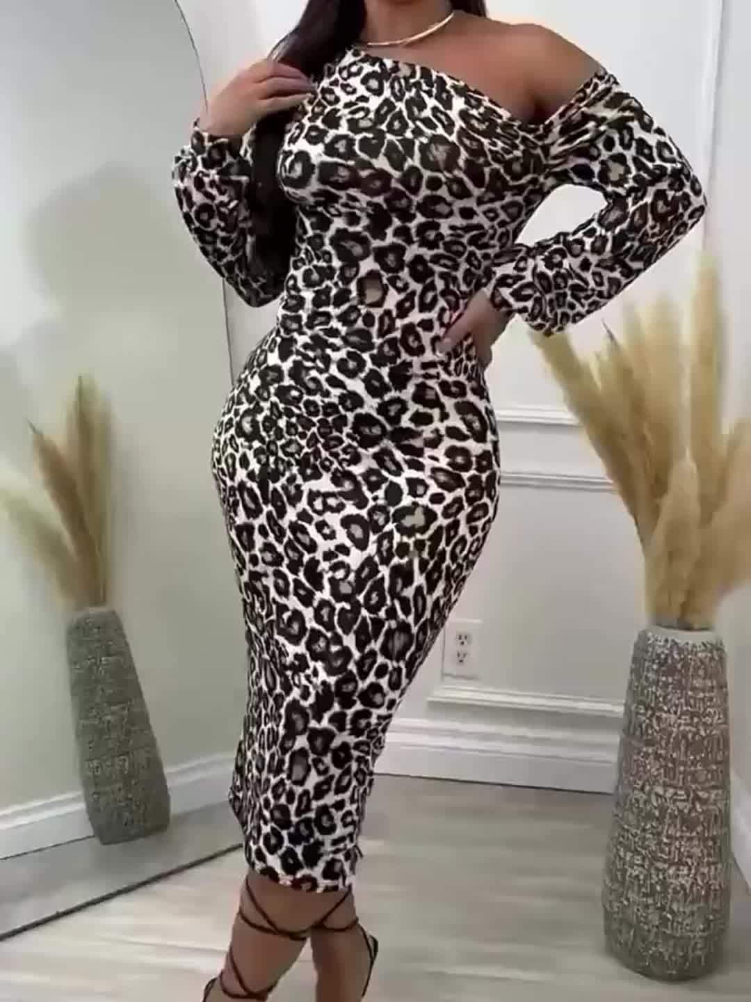 Women'S Elegant Leopard Print Bodycon Dress, Long Sleeve Asymmetrical Strapless Knit Polyester (95% Polyester, 5% Elastane), Skinny Fit, High Stretch, Spring/Summer Fashion, No Belt Design