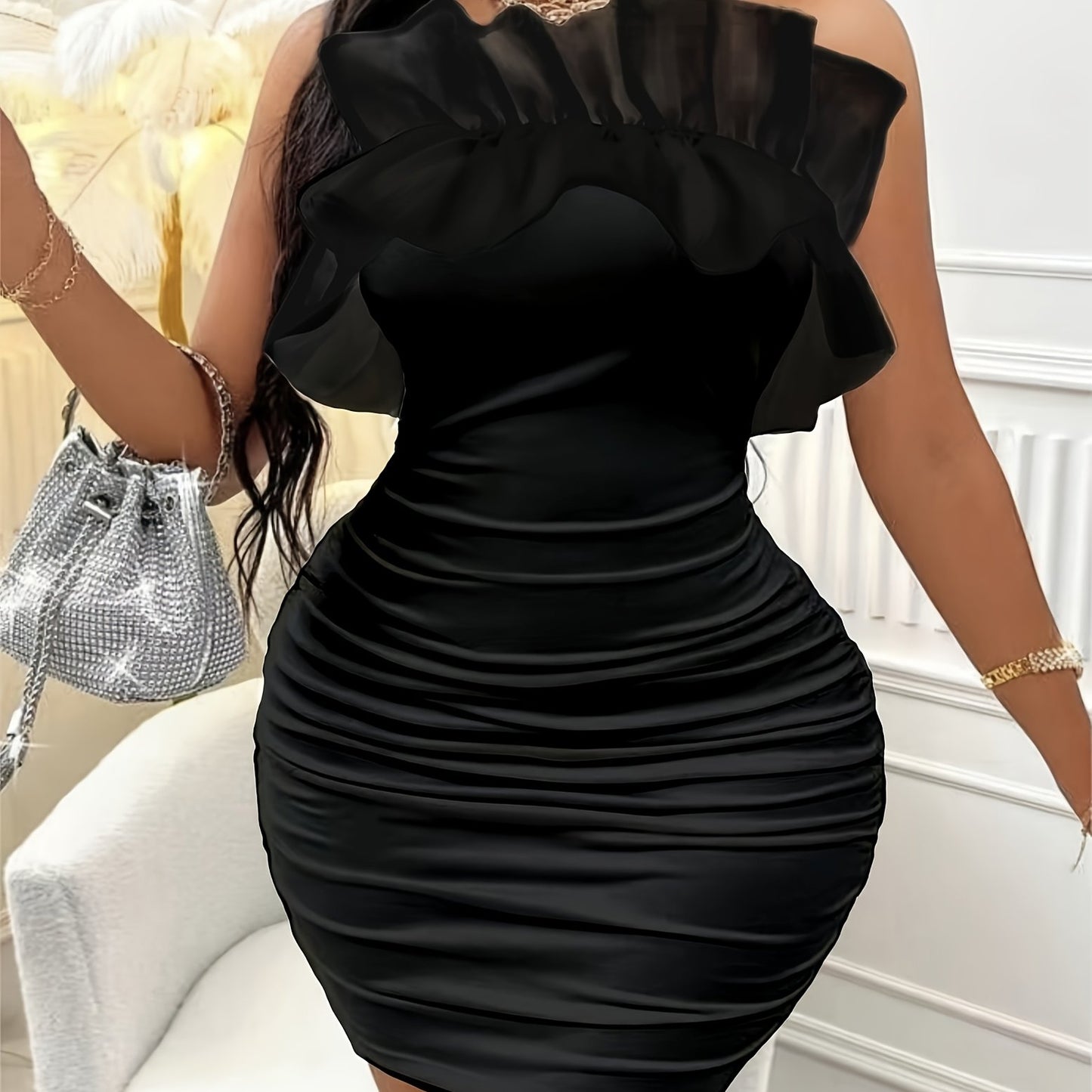 Black Dresses for Women Elegant Classy Stylish Off-Shoulder Pleated Women's Bodycon Graduation Dress - Sleeveless, Pleated, Solid Black Polyester, with Mesh Details - Stretchy, Machine Washable - Ideal for Spring/Summer/Autum