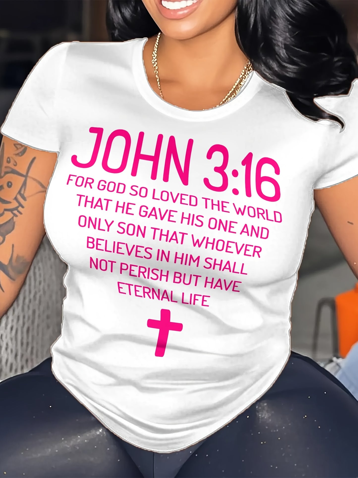 Plus Size - Plus Size Women'S "John 3 16 Bible Verse Scripture Christians" Print Summer T-Shirt | Soft Breathable Fabric | Casual Short Sleeve Round Neck Tee | Summer Vacation Clothing | Size 0XL-5XL - Coral - Black - Rose Re