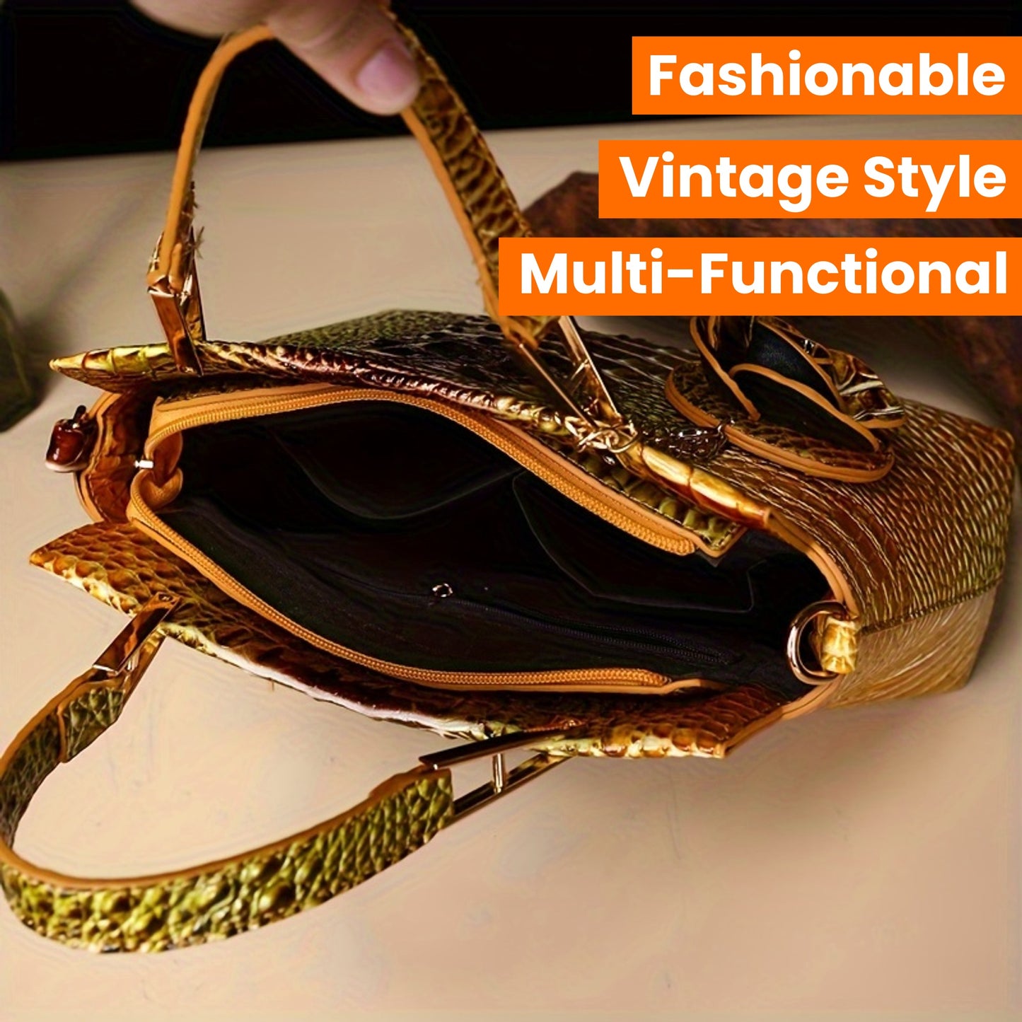 2pcs Crocodile Print Handbag Set - Fashionable Vintage Style, Multi-Functional Top Handle Crossbody, Business Clutch & Coin Purse - Spacious, Secure, Ideal for Everyday Chic