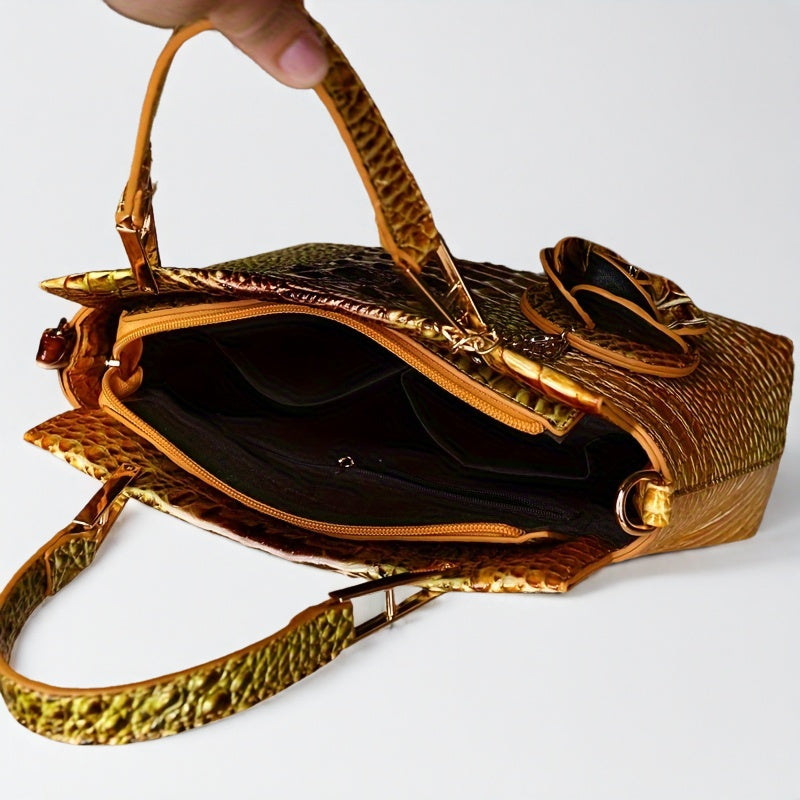 2pcs Crocodile Print Handbag Set - Fashionable Vintage Style, Multi-Functional Top Handle Crossbody, Business Clutch & Coin Purse - Spacious, Secure, Ideal for Everyday Chic