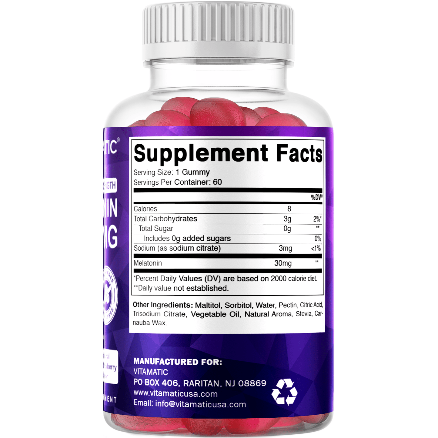 Vitamatic Sugar Free Melatonin 30mg per Gummy - 60 Servings - 60 Vegetarian Gummies - Non-Habit Forming Supplement 60 Count