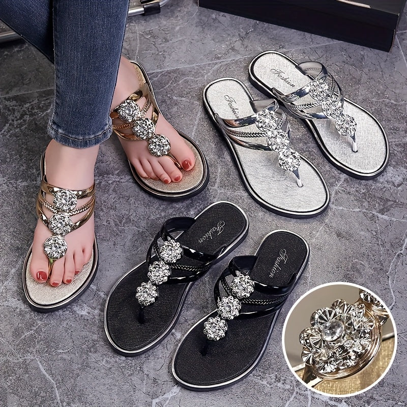 [Elegant Sandals] Lightweight Elegant Women’s Rhinestone Flat Sandals | Casual Outdoor Herringbone Slippers with Sparkling Metallic Accents, Beach Footwear, PVC Sandals, Summer Sandals