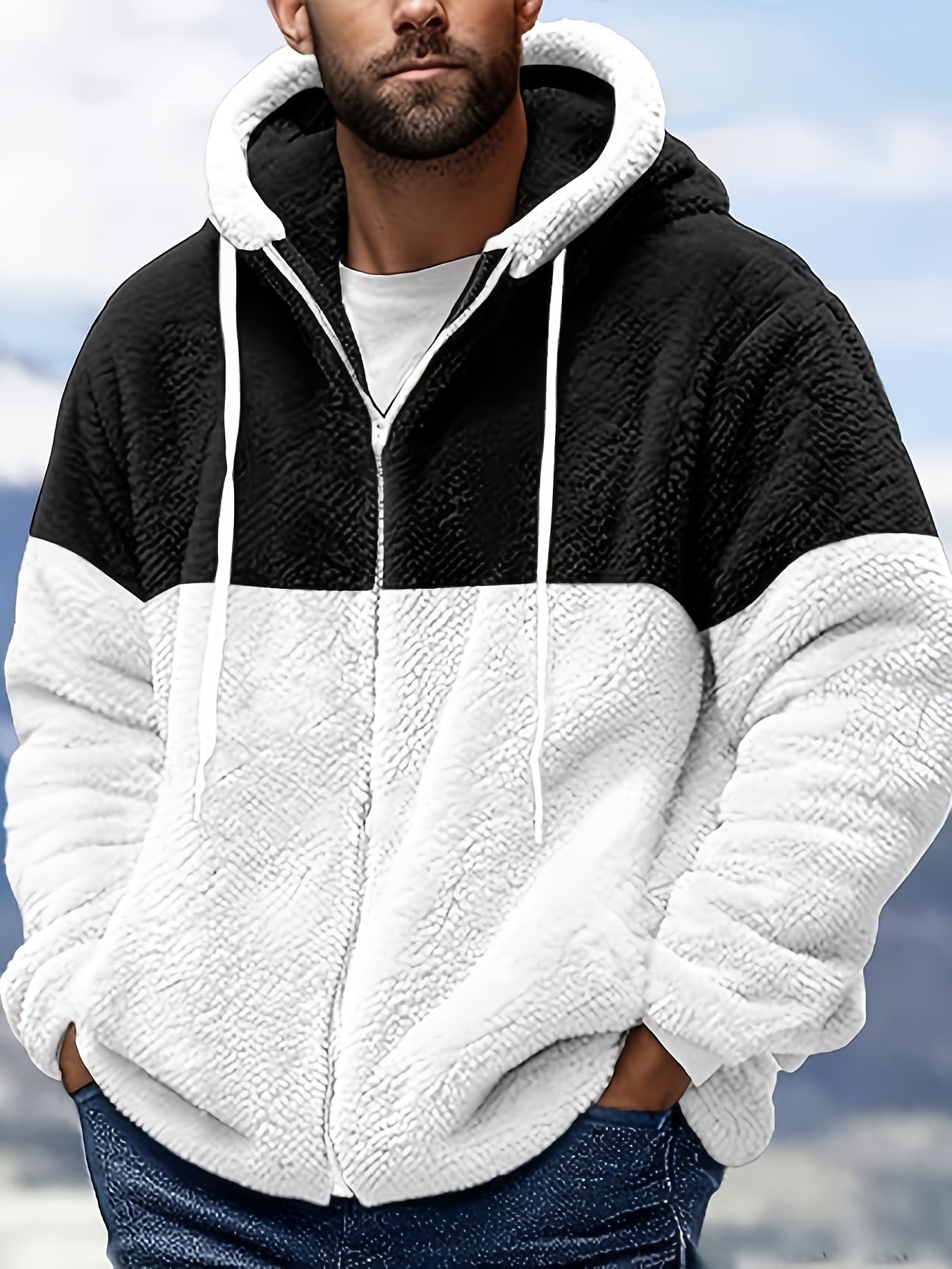 [Plus Size Fleece Hoodie] Men's Plus Size Fleece-Lined Hoodie - Casual Zip-Up Jacket with Sherpa Lining, Warm & Lightweight for Winter, PLUS SIZE