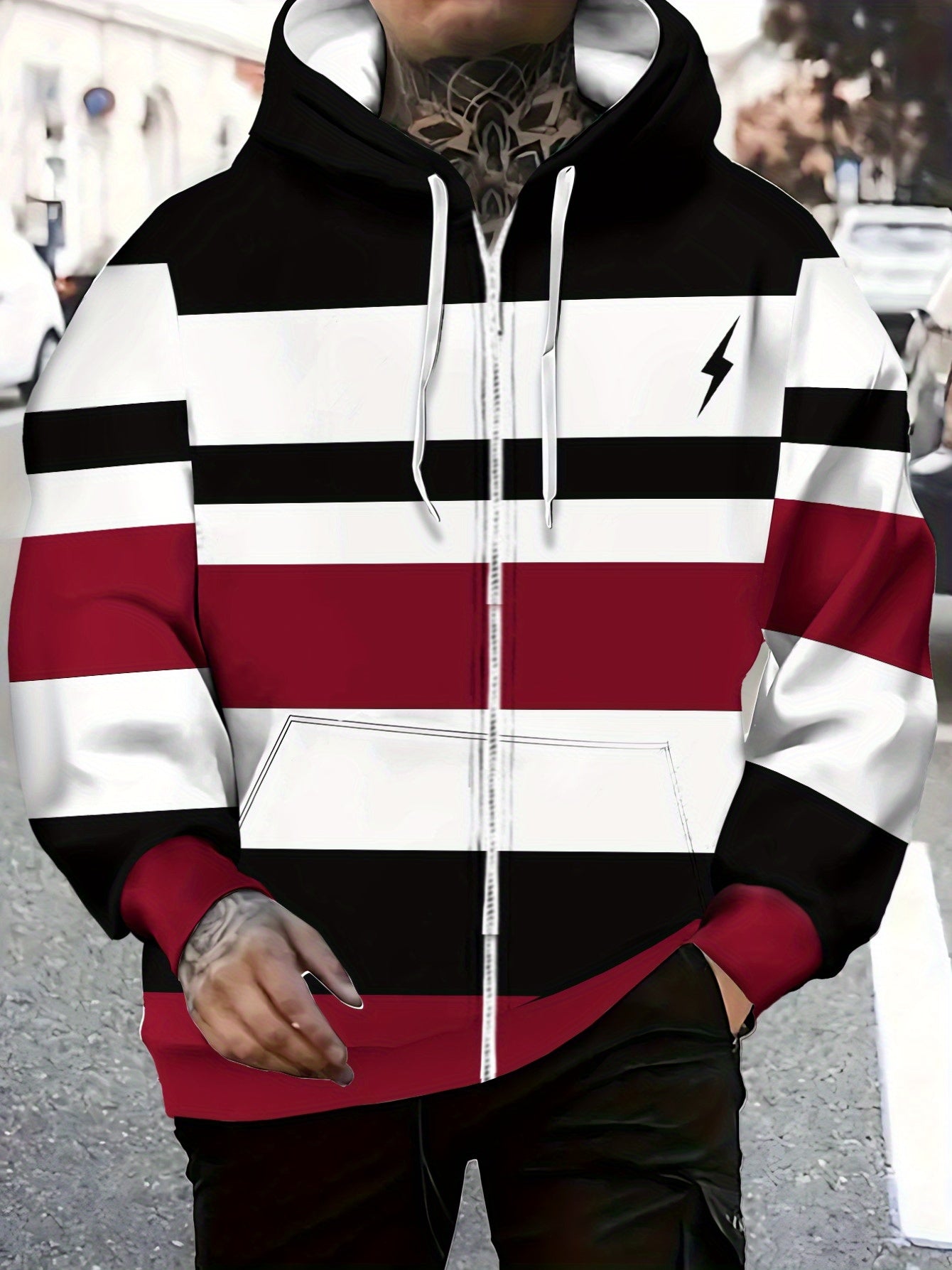 [Men's Lightweight Hoodie] Men's Lightweight Hoodie - Full-Zip Closure Hooded Sweatshirt, Black/White/Red Color Block Pullover for Fall/Winter, Casual Streetwear & Outdoor Activities, Everyday Comfort Fit Hooded Sweatshirt, S