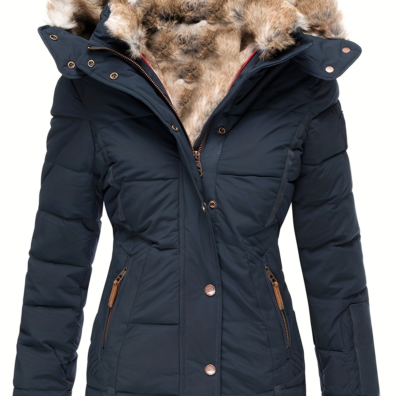 Plus Size - Women'S Winter Warm Hooded Coat with Luxurious Fur Collar & Full-Zip Closure - Slim-Fit Long Sleeve Jacket, Plus Size Cold-Weather Outerwear, /Navy, Casual to Formal Outfits, Non-Stretch Fabric, Easy On/Off Zipper