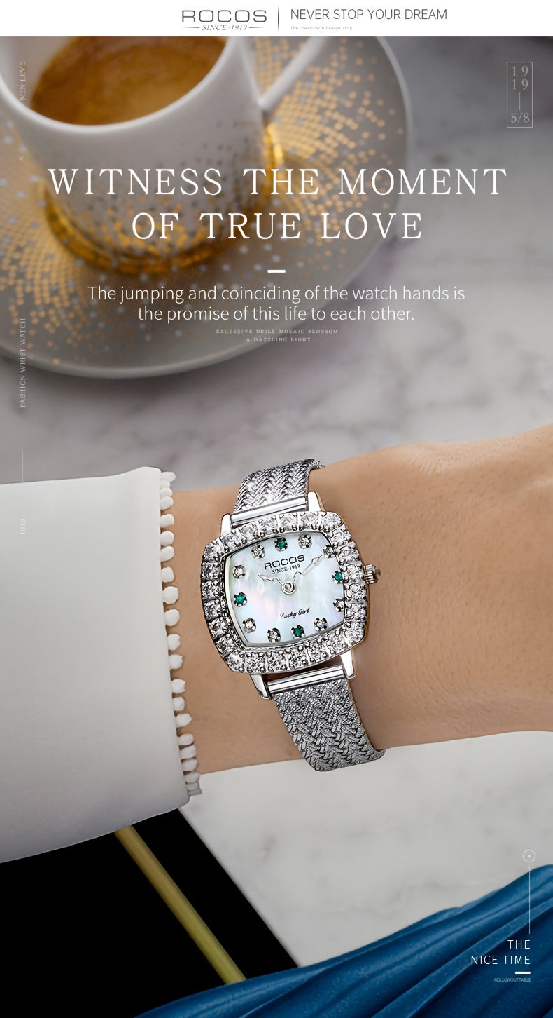 ROCOS Heartwarming Signal Series Fashion Luxury Women'S Watches Square Simple Wristwatch Elegant Rhinestones Watches For Women Quartz Watches Love Heart Hands Dazzling Colour Dial Silvery Steel Strap Gifts For Women R0264