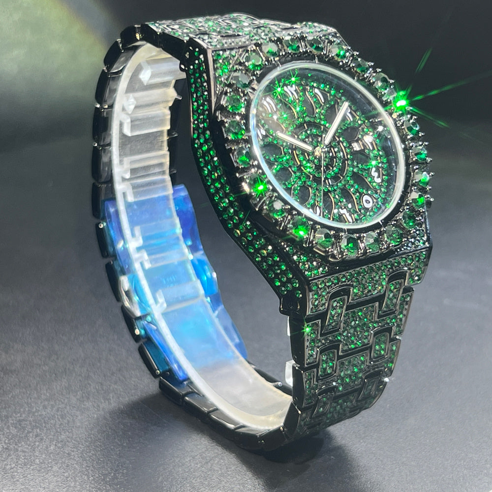 Fashion Green Black Watch For Mens Luxury Iced Quartz Watch Mans Hip Hop Square Cz Jewelry Wristwatch Christmas Gift For Men Women