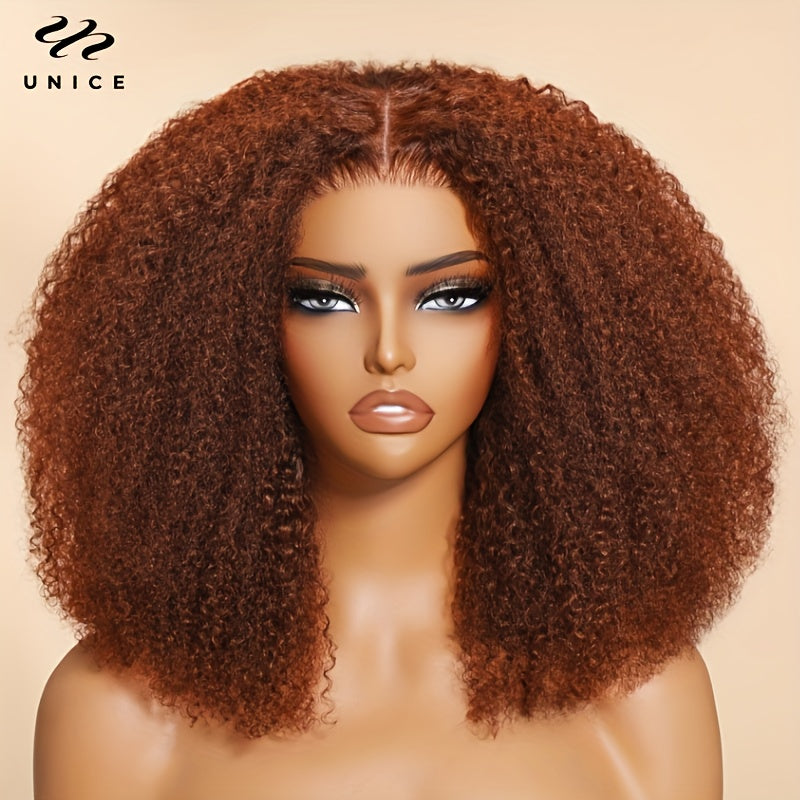UNice 7x5 Glueless Lace Human Hair Wig - Kinky Curly Reddish Brown with Bleached Knots, 180% Density, 16 Inch Looking Wig with Pre-Plucked Hairline & Invisible for Men &, Dreadlock-Friendly (No Glue Needed)