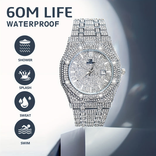 Luxury Hip Hop Bling Watch West Coast Style Rhinestone Wristwatch, High-End Glow-in-the-Dark Timepiece for Rappers, Christmas Valentine's Thanksgiving Gifts