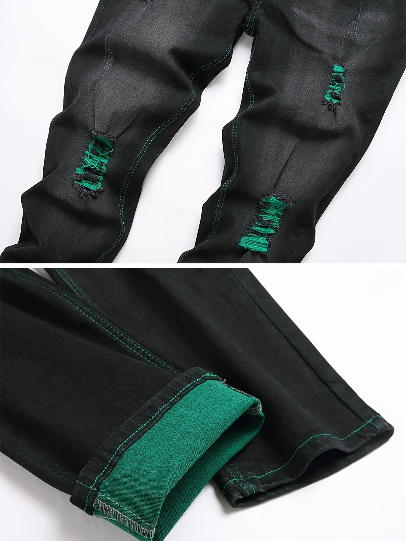 Men'S Casual Black Stretch Jeans with Unique Green Design - Ripped Knee Patches, Zipper Fly, Mid Waist, Straight Leg, All-Season Fashion, Casual Attire|Distressed Jeans|Stretchy Fabric