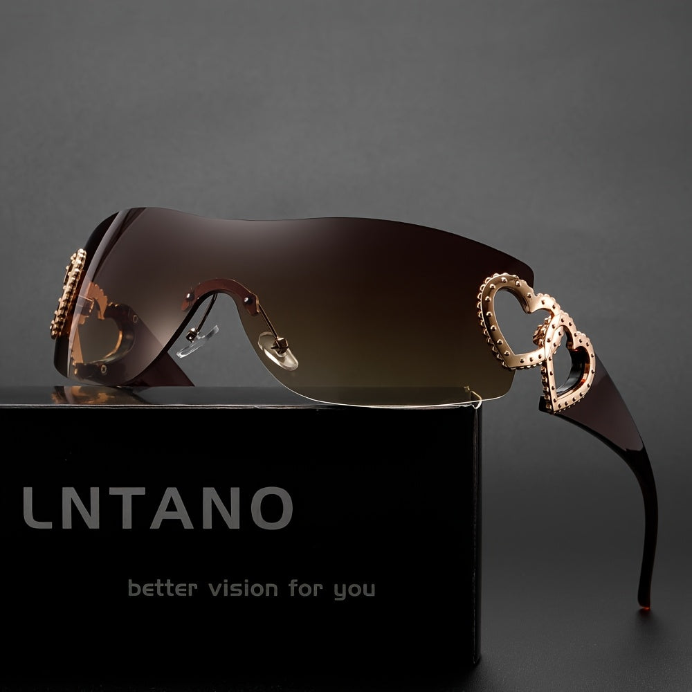 Y2K Heart-Shaped Fashion Glasses for Women - Lightweight Frameless Hollow Design with Rose Golden Heart Decoration, Dark Lenses, Stylish & Protective, Perfect for Fashion Accessories, Fashion Glasses