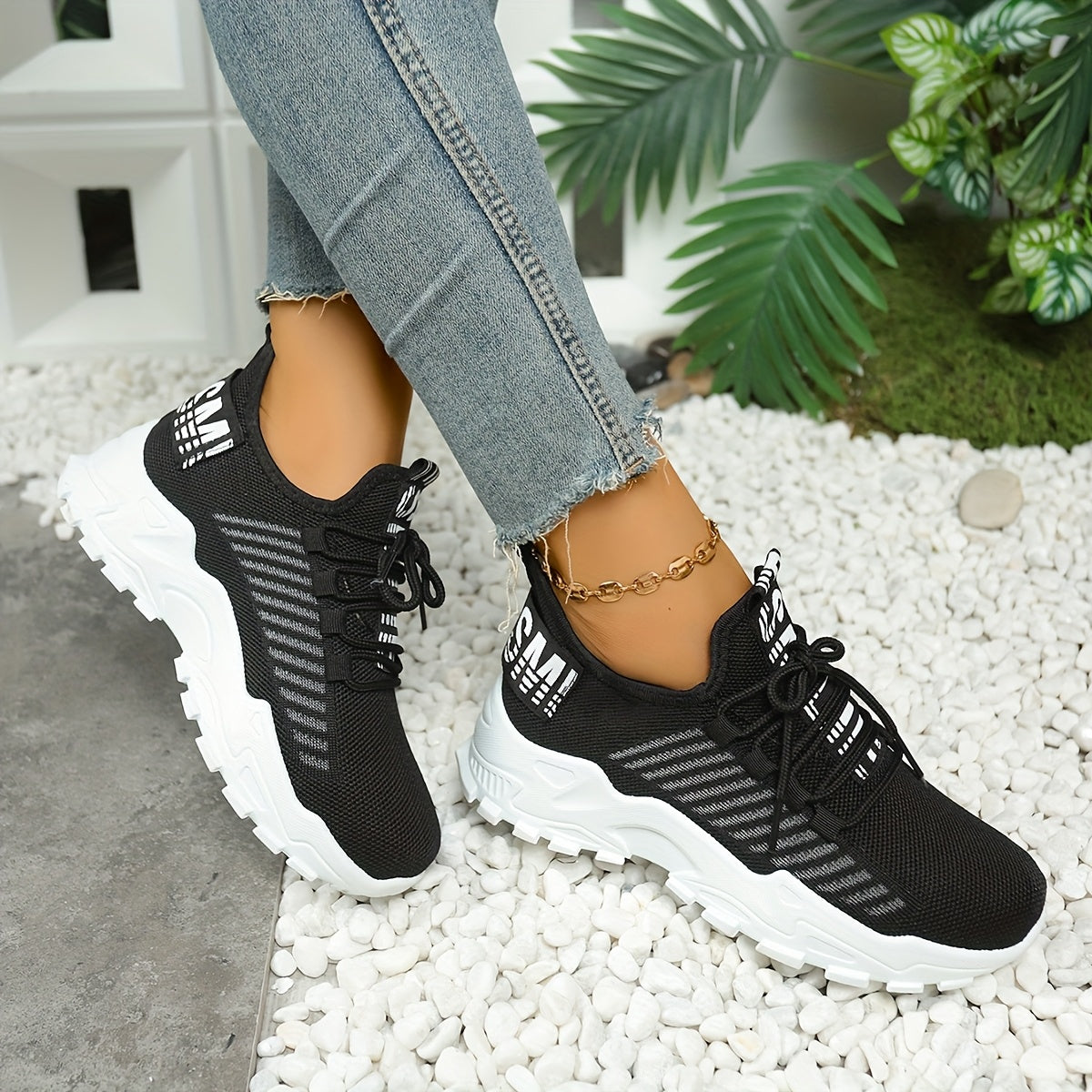 Women's Casual Sneakers, Shock-Absorbing Breathable Running Shoes, Knitted Lace-Up Women's Shoes, Suitable for Daily Commuting, Running, Travel, and Shopping