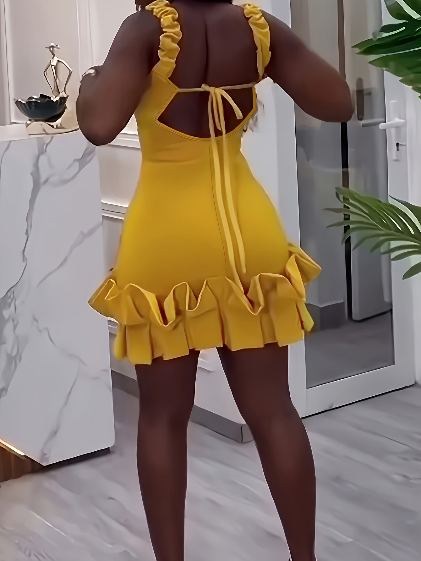 Plus Size, Women's Elegant Party dress - Sleeveless V-Neck Formal gown, Bright Mustard-Yellow, Machine Washable Evening & Cocktail dress for Women, Dresses for Party, Night Out Outfit, Ruffled Hem, Comfortable Fit, Fashion Lo