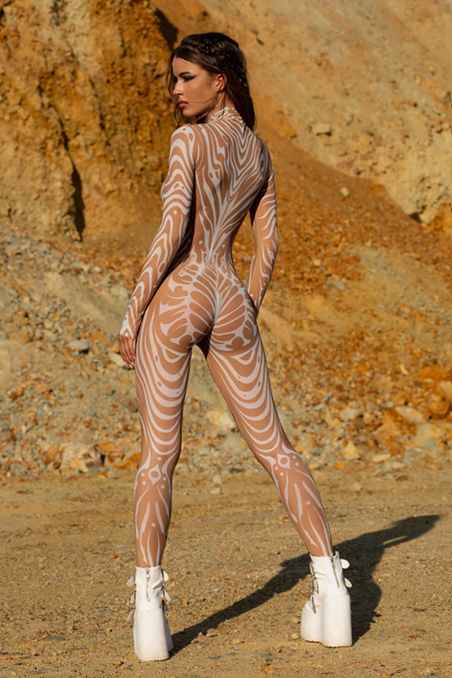 Women's Full Body Bodysuit with White Tribal Tattoo Print Second Light Beige Illusion Jumpsuit for Cosplay Festival Mesh Festival Party Costume, Fireman Costume, Carnival Tight Dress Woman, Sexy Mesh Dress Woman, Carnival Set
