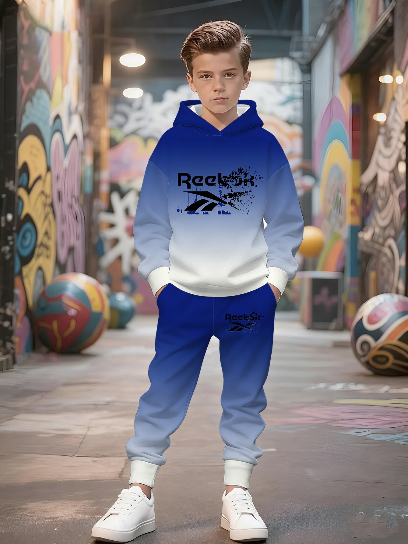 Boys' Gradient Hooded Tracksuit Set. This two- piece casual sportswear features a blue- white gradient. It's a themed hooded tracksuit set that showcases a sporty style, making it a trendy and comfortable choice for boys in s