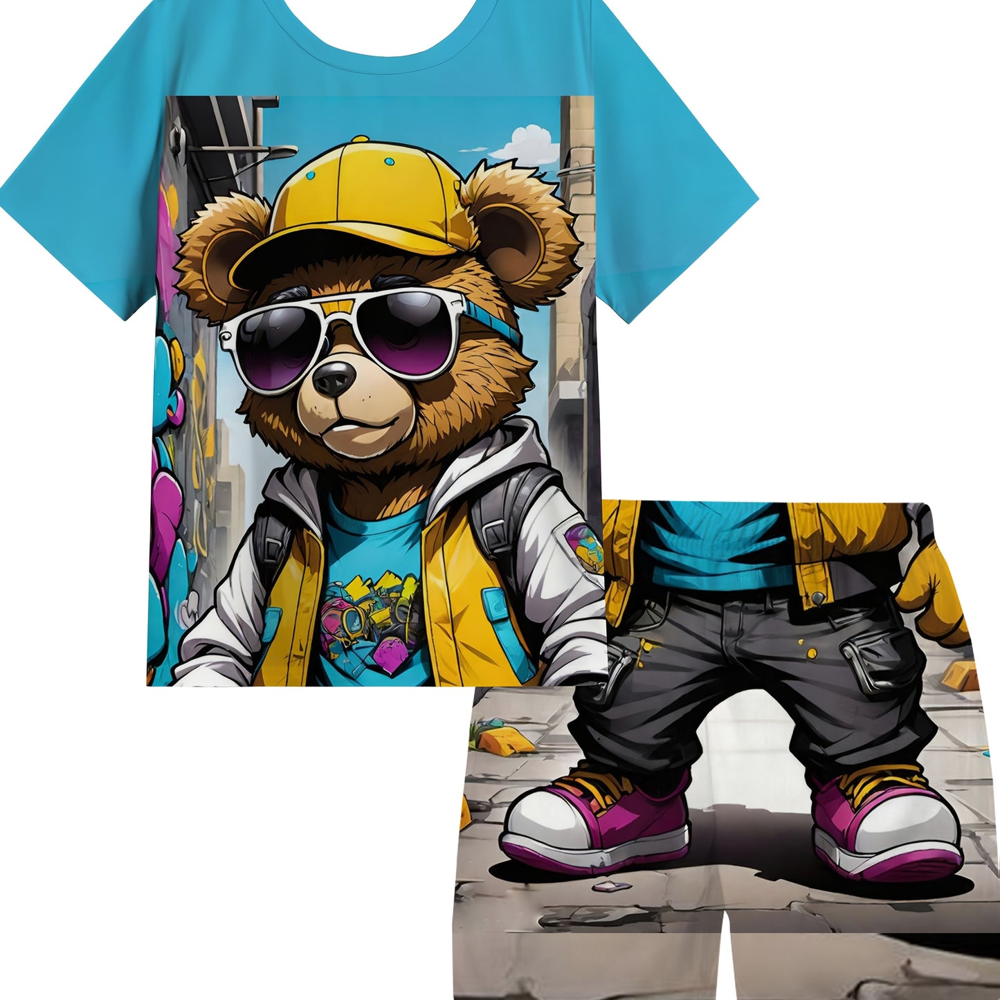 Summer Fashion Boy's Cool Street Hip-hop Trend Cartoon Short Sleeve And Shorts Set, Very Suitable for Summer Outdoor Activities, Daily Life, Leisure, Entertainment, Gatherings, Parties, School, Travel, An Ideal Gift., Perfect