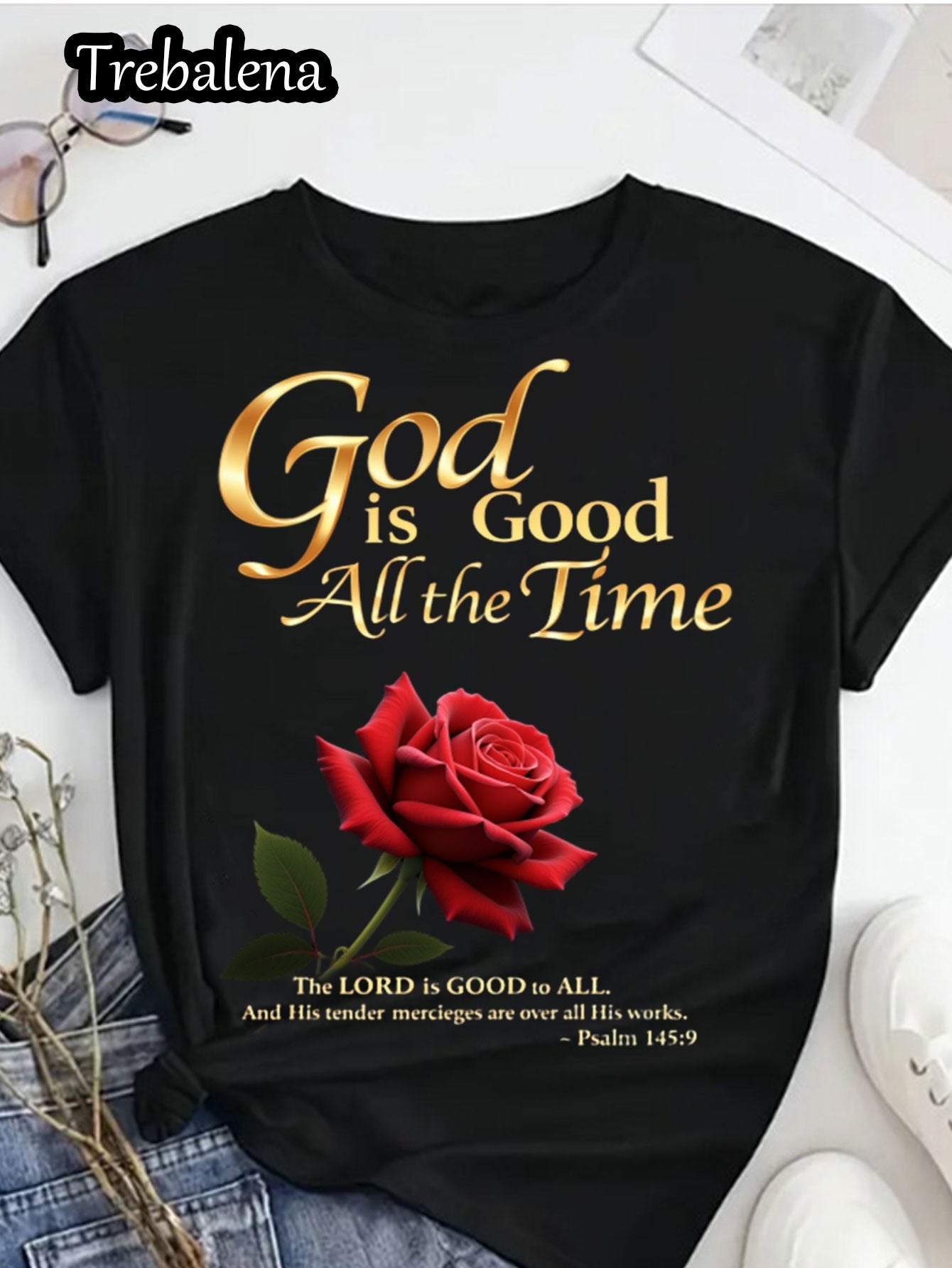 Plus Size Women's 100% Cotton Christian Faith T-Shirt - "God is Good All The Time" Black Tee with Red Rose & Psalm 145:9 Design, Casual Round Neck Short Sleeve Top for Mother's Day, Juneteenth, Spring/Summer (0XL-4XL), Everyd
