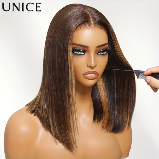 Wear And Go Glueless Human Hair Wig, Colored Wig For Unisex, 150% Density Pre-cut & Pre-bleached, Natural Brown & Blonde Highlights, Real Human Hair Lace Front Wig, Ready-to-wear Straight Bob Cut For Men & Women, Comfortable