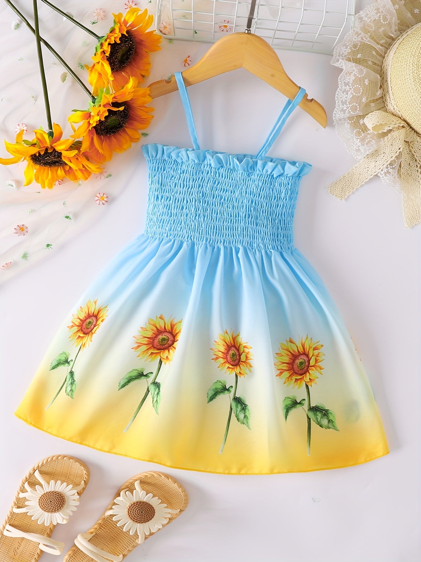 [Sunflower | Girls] Gradient Color Sunflower Princess Dress | Toddler Girls Shirred Cami Frill Trim | For Party Beach Vacation Kids Summer Clothes 4th Of July Outfit