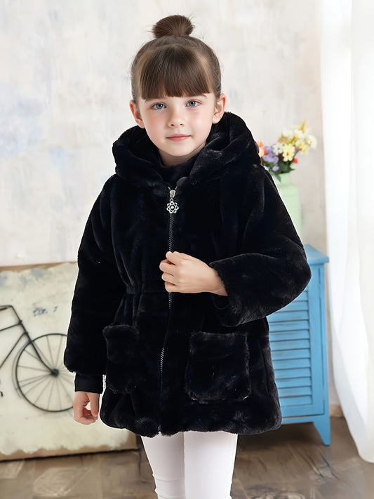 Girls' Cozy Faux Fur Hooded Coat - Warm Zip-Up Winter Jacket with Pockets, Cute Ear Flaps & Plush Trim, Vibrant Red Mid-Length Casual Fall/Winter Outerwear for Youngsters & Toddlers, Autumn Winter Apparel, Playful Design, Sof