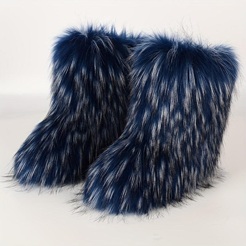 [Faux Fur Boots] Black Faux Fur Women's Mid-Calf Boots | Round Toe, Flat Heel, Casual Platform Boots for All Seasons, Stylish Winter Footwear