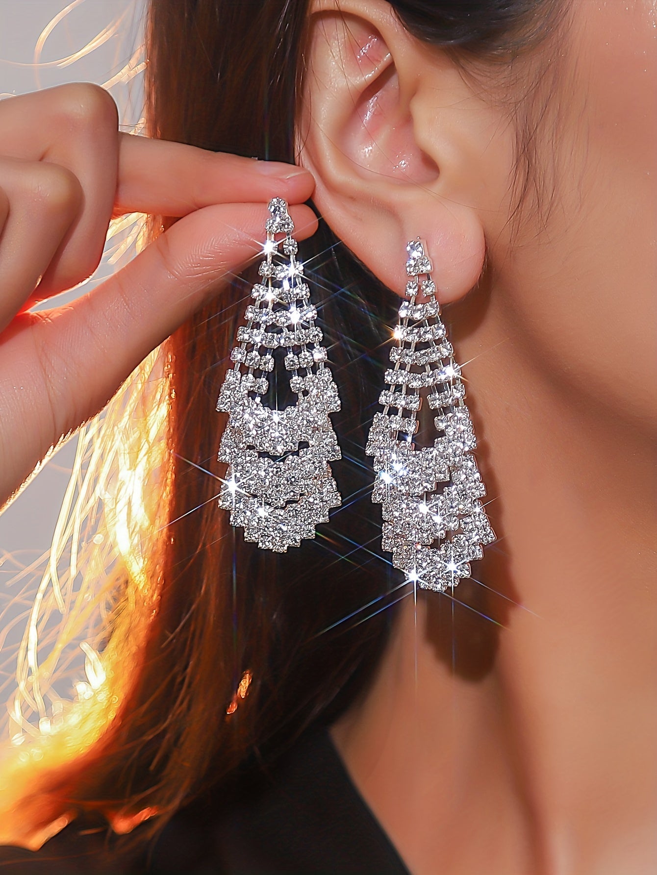 1pair Elegant And Sexy Style Sparkling Rhinestone Tassel Dangle Earrings, Copper Exquisite Wedding Ear Jewelry Accessories